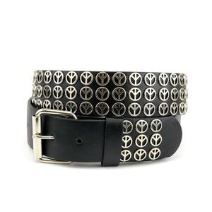 Black Studded Belt with Triple Row Silvertone Peace Sign Accents Size Small